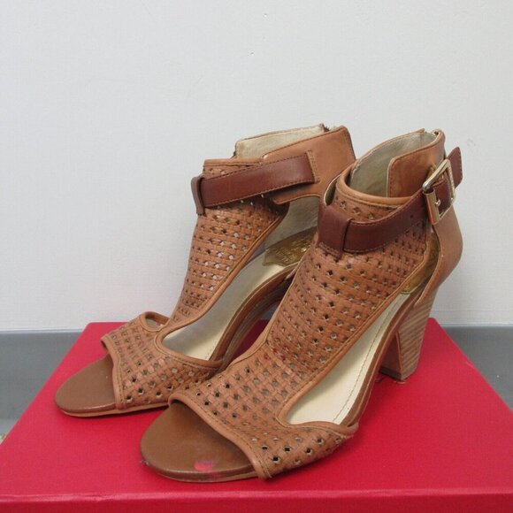 Vince Camuto Women Perforated Leather Sandal Bootie High Heels Size 7 Brown 506 - Picture 1 of 10